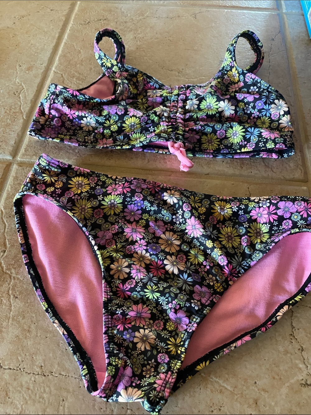 wonder nation Black Floral Two-Piece Swimsuit with Pink Lining